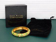 Vintage JOAN RIVERS Lime Green Enamel & Rhinestone Panel Stretch Bracelet in Box