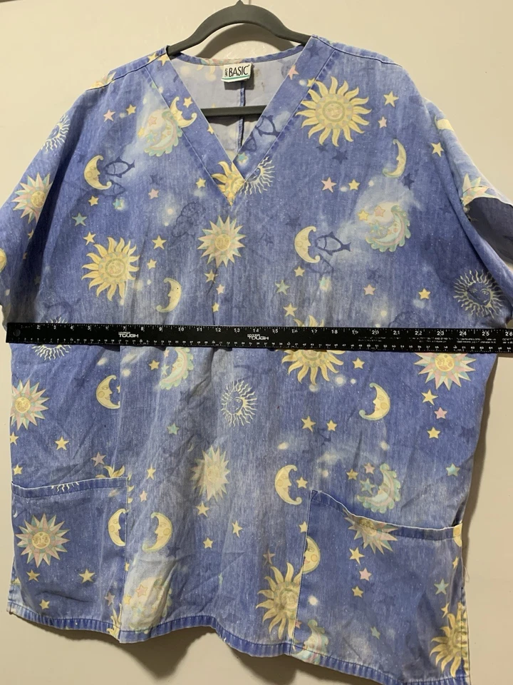 Vintage Simply Basic Women 2XL Scrub Top Blue Short Sleeve Sun and Moon - Image 4 of 4