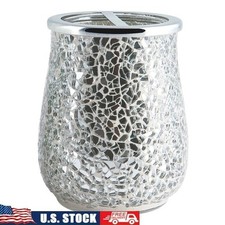 Mosaic Glass Toothbrush Holder Silver Mirror Tile Chrome Metal Top Elegant Decor
