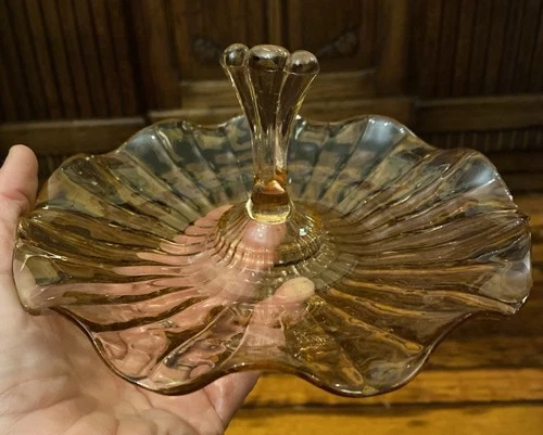 Vintage Anchor Hocking PINK Depression Glass Candy Tidbit Tray w/ Center Handle