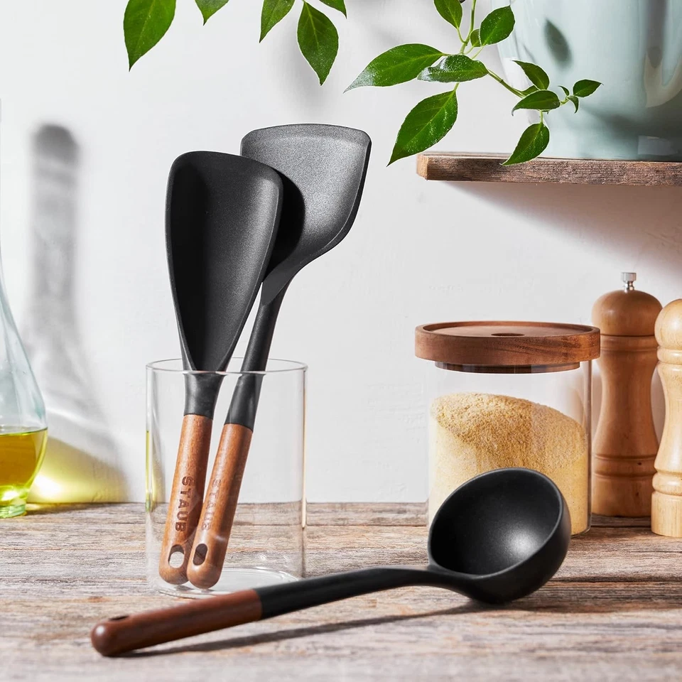 Silicone with Wood Handle Cooking Utensil Set, Matte Black, 3-Pc - Image 3 of 4