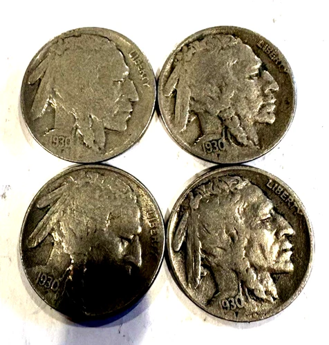 Lot of 4 Indian Head Buffalo Nickel Coins Dated 1930 (3), 1930-S (1)