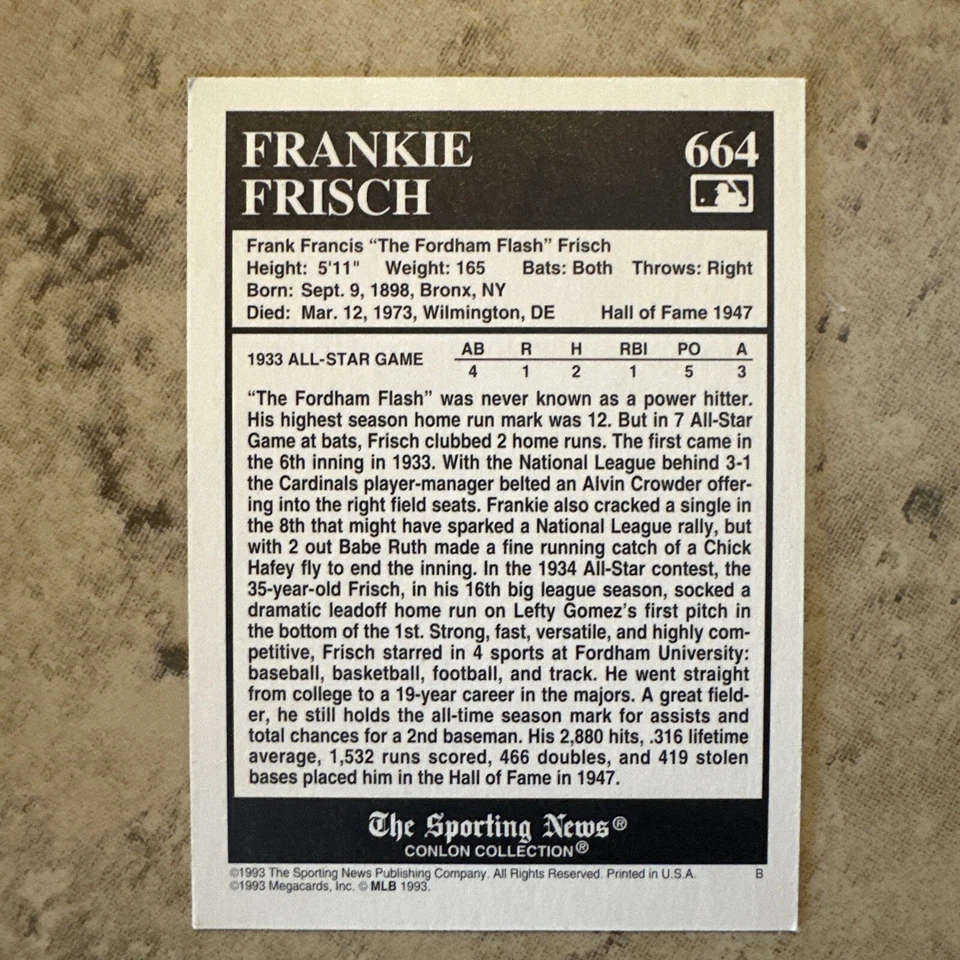 Frankie Frisch 1993 Conlon Collection TSN BASEBALL #664 St. Louis Cardinals HOF - Image 2 of 2