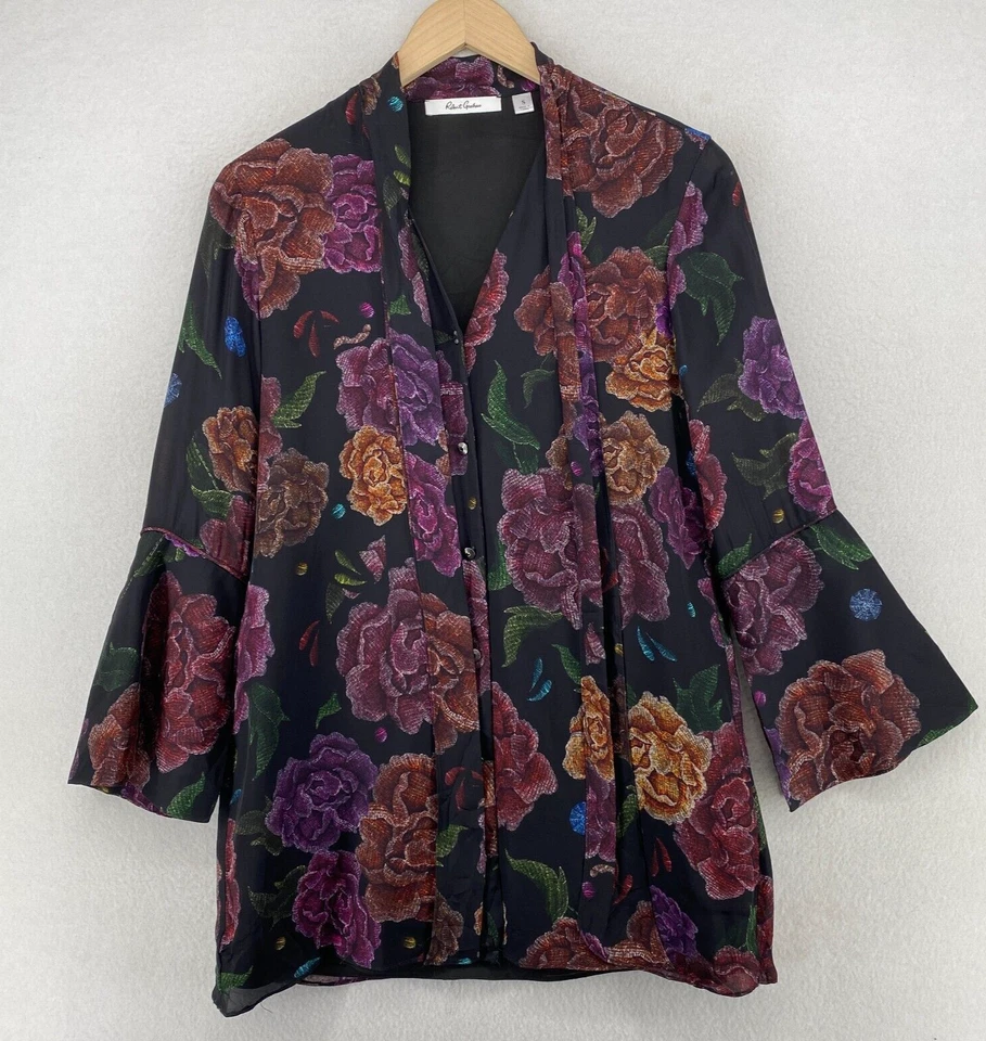Blusa ROBERT GRAHAM S Top Mezcla Seda Crepé Floral Cuello Atado Negra Púrpura Foto 2 de 4