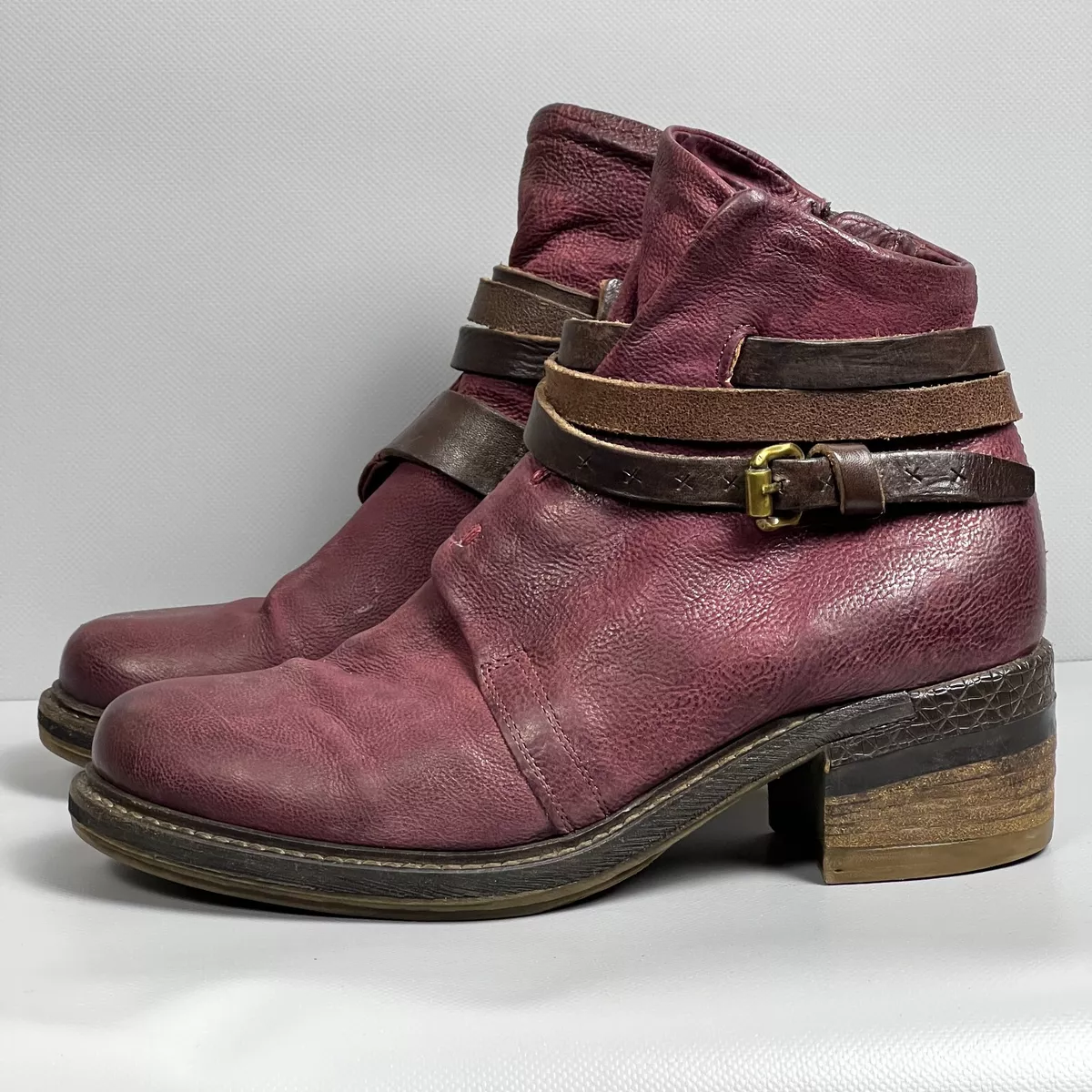 AS 98 Airstep Red Leather Ankle Boots Size 37 Biker Moto Style Zip Booties Shoes
