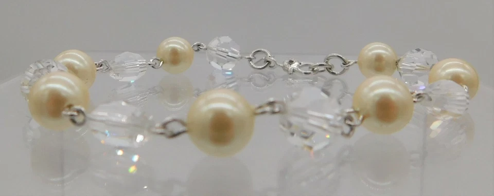 Monet Cream Faux Pearl Clear Faceted  Bead Silver Tone Sister Clasp Bracelet - Image 2 of 4