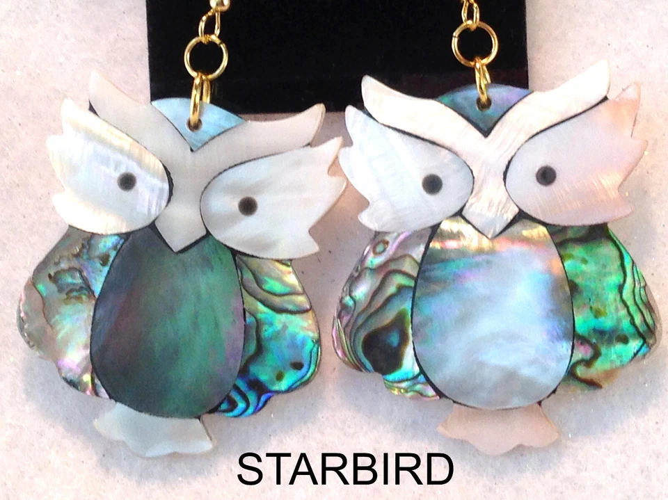 PENDIENTES O COLLAR COLGANTE ABULÓN, MADREPERLA CON INCRUSTACIÓN DE BÚHO Foto 3 de 4