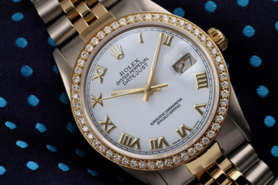 Rolex Datejust 36 mm White Dial with Roman Numerals Two Tone Watch Diamond Bezel