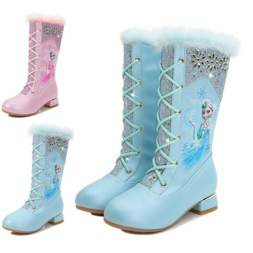 New Winter Kids Girls ELSA Princess Cosplay Party Plush Fleece High Boots - Picture 4 of 17
