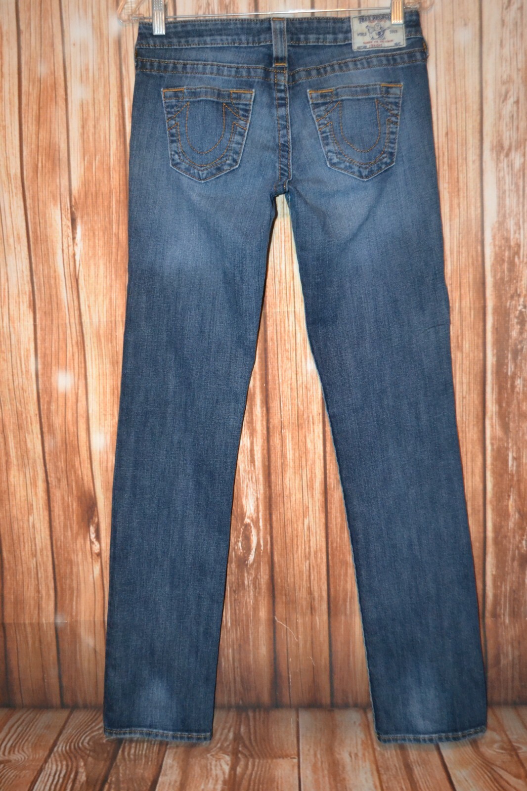 True Religion Women's Straight No Pocket Flaps Blue Denim Jeans Sz 28x33 thumbnail 6