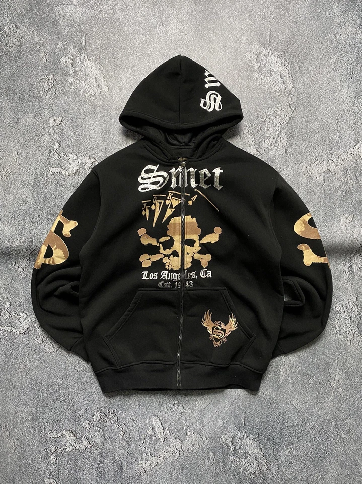 Smet Black Dollar Skull Ed Hardy Style Y2K Zip Hoodie Size XL - Изображение 2 из 4