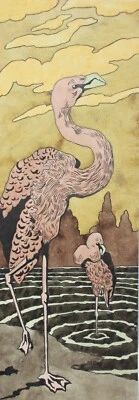 Zwei Flamingos, Jugendstil Aquarell, Japonismus, Art Nouveau, Frankreich um 1900 - Bild 1 von 4
