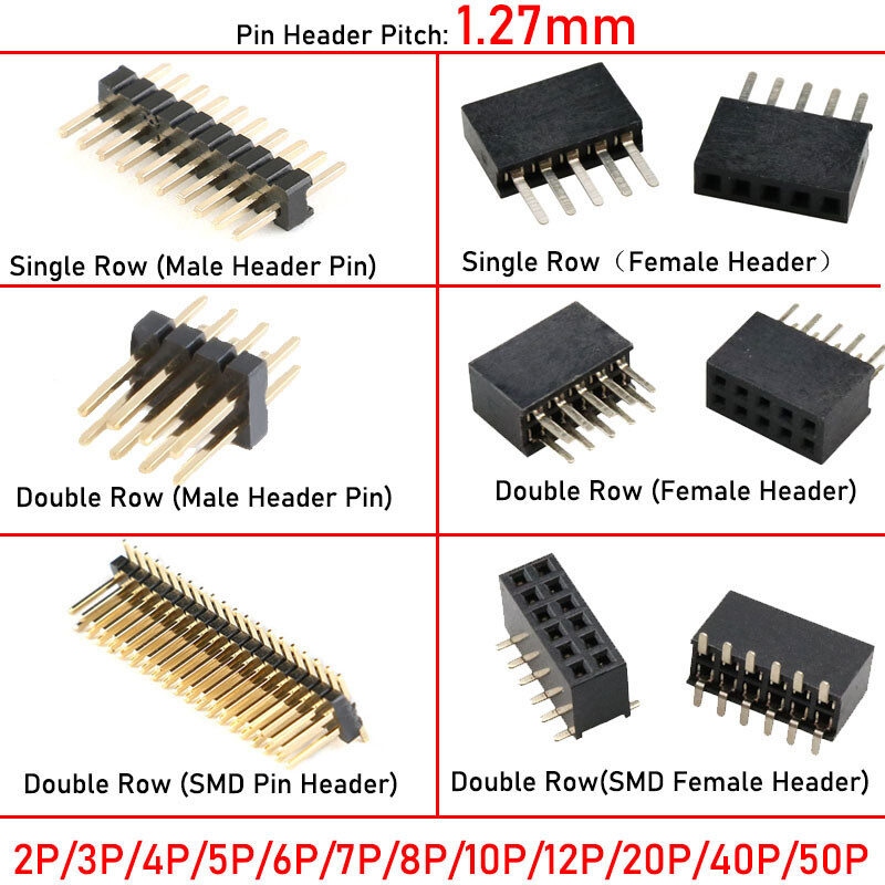 1.27mm Pitch 2P-40P PCB Male / Female Pin Header Single / Double