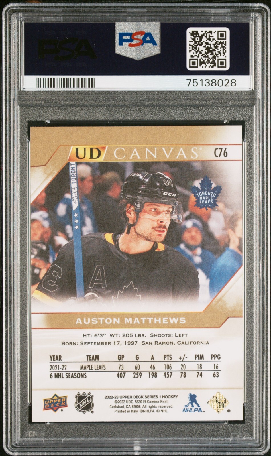 2022-23 Upper Deck Series 1 UD Canvas Auston Matthews #C76 PSA 10 view 2