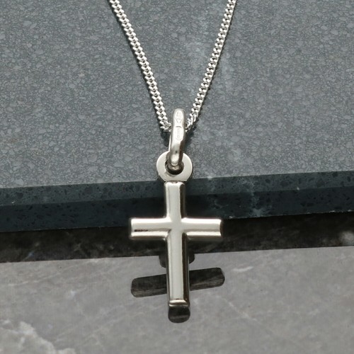 375 9ct White Gold Small Tubular Cross Pendant Child / Ladies With Chain Options - Picture 4 of 7