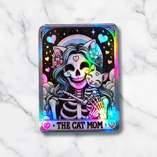 The Cat Mom Holographic Sticker – Tarot Style Skeleton Cat Lover Sticker