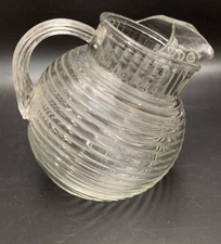 SLANT PITCHER JUG Vintage Ball Ice Lip Ribbed Clear Glass MANHATTEN MCM