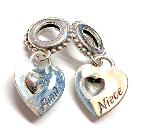Authentic Pandora Charm, Aunt and Niece Split Heart Dangle,  #799188C00, Silver