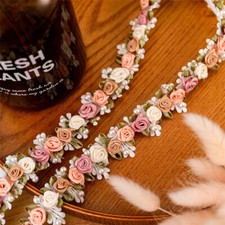 1-5 yards Embroidered Flower Pearl Beads Lace Trim Ribbon Applique Sewing Craft