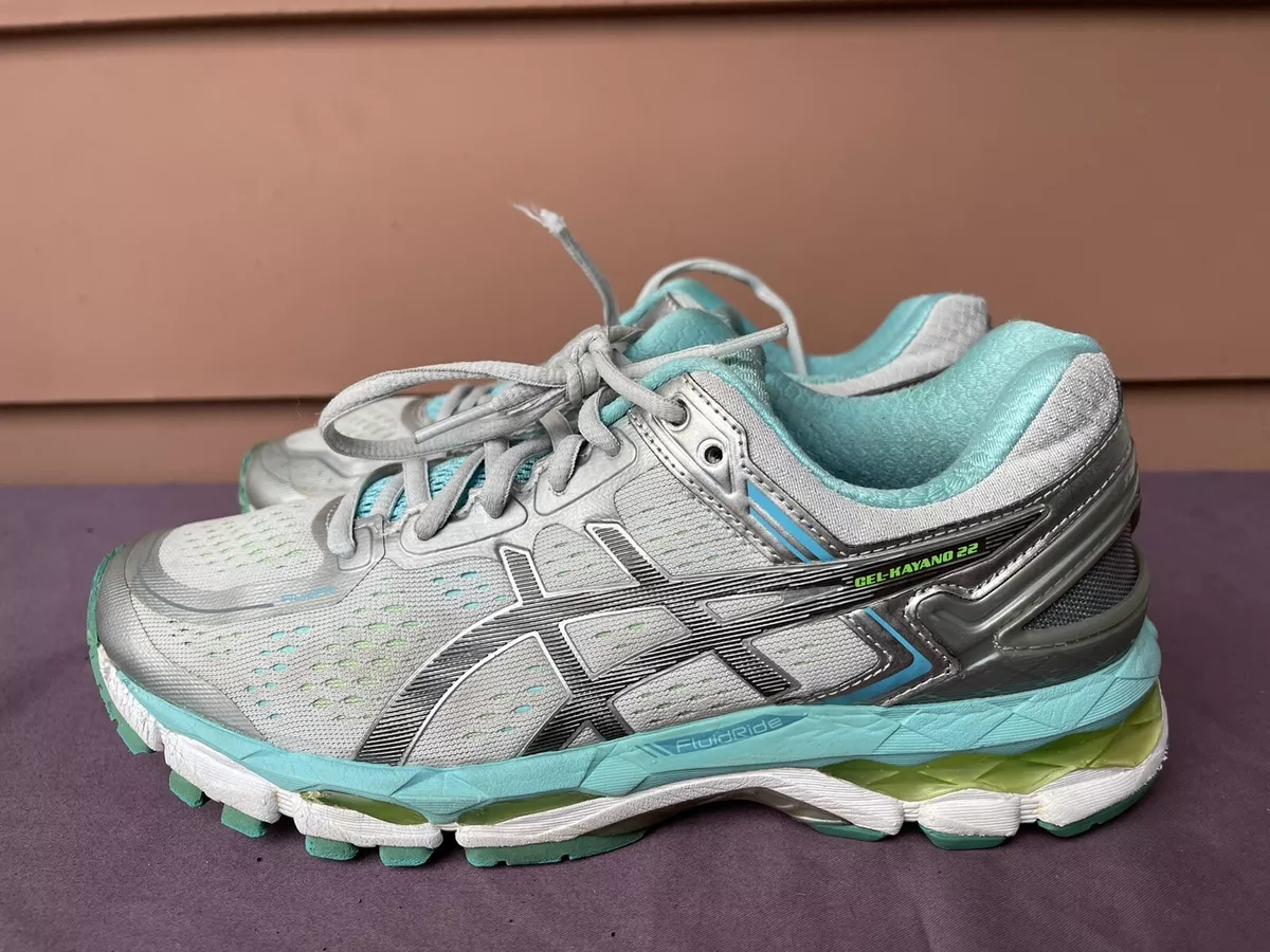 Asics Kayano 22 T597Q Women US 8 Silver Grey Aqua Blue Athletic Running Shoes D5