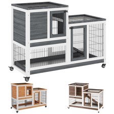 PawHut Conigliera in Legno con Ruote Vassoi Estraibili e Casetta 110x50x88cm