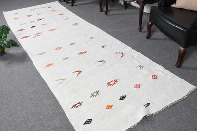 3,7x10,9 ft Turkish Rug, Vintage Runner Rug, White Red Ombré Rug