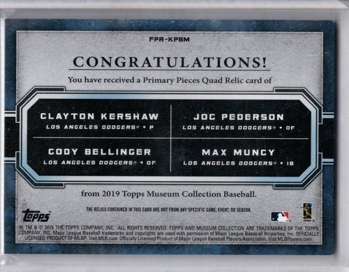 2019 #FPR-KPBM Kershaw / Pederson / Bellinger / Muncy Four-Player Quad Relics - Picture 2 of 2