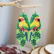 Beaded Parrot Earrings Seed Bead Fringe Dangle Drop Bird Tropical Sun Conures
