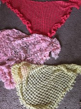 Lot of 3 Vintage Crochet Shawls Pink Yellow Knit Wrap Scarf Triangle 59