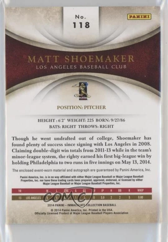 2014 Panini Immaculate Rookie Material Prime /99 Matt Shoemaker #118 Auto RC - Image 2 of 2