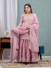 Heavy Chinon Silk Light Pink Top Palazzo With Dupatta For Functional Wear