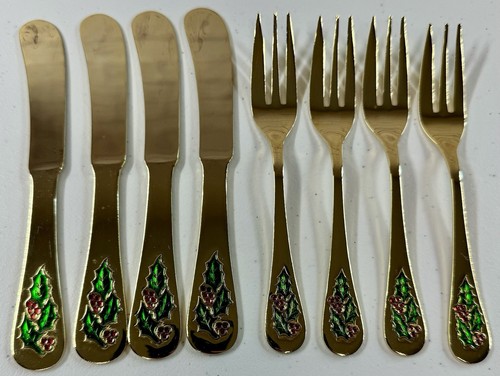 Vintage 8er Set Weihnachten Stechpalme Gold Serviergabeln Messer Hostess Mini