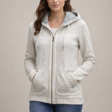 Fat Face Sweater Size 4 Knit Full Zip Hoodie Cream Blue Lined Hood Pockets UK 8