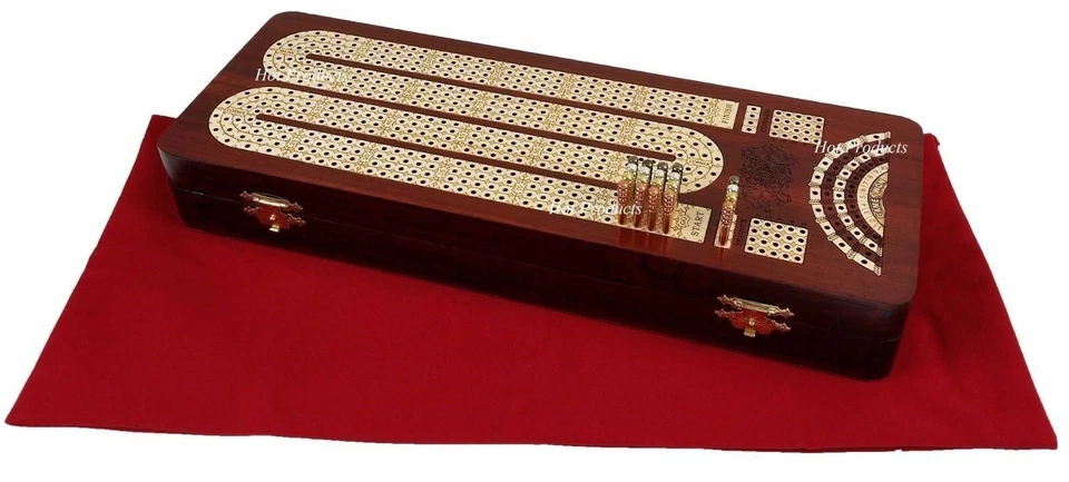 14" 4 TRACK CONTINUOUS Cribbage Board BLOODWOOD Skunks Corner Games Won Hinge Bx - Image 2 of 4