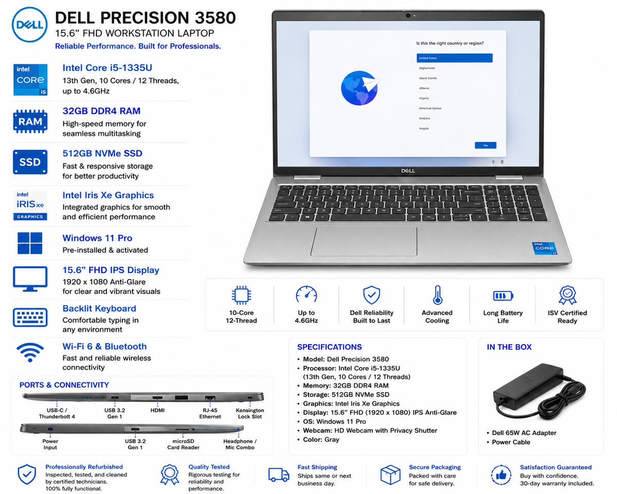 Dell Precision 3580 15.6” FHD Workstation Intel i5-1335U 32GB RAM 
