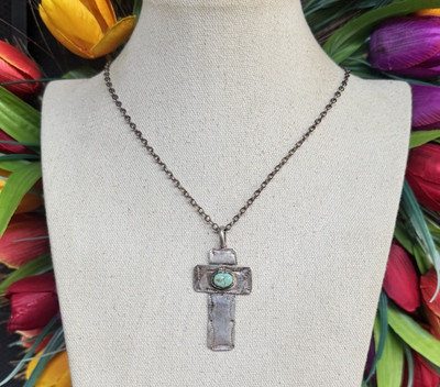 NAVAJO NATIVE AMERICAN Z. Otero Sterling Silver Turquoise Cross Pendant Chain #1