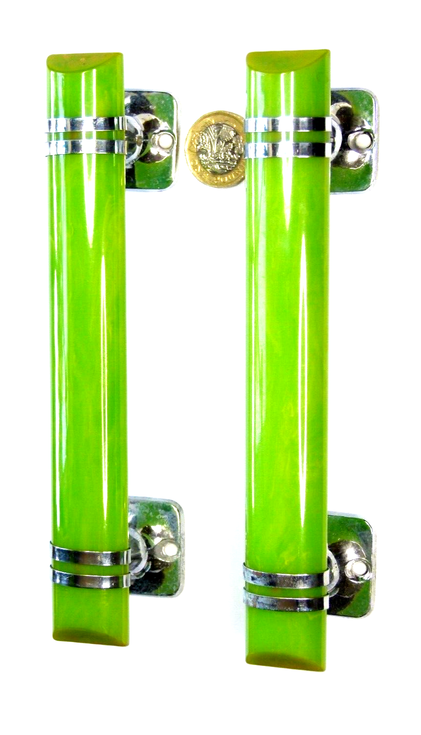 STUNNING PAIR RARE APPLE GREEN BAKELITE & CHROME DOOR HANDLES/PULLS ART