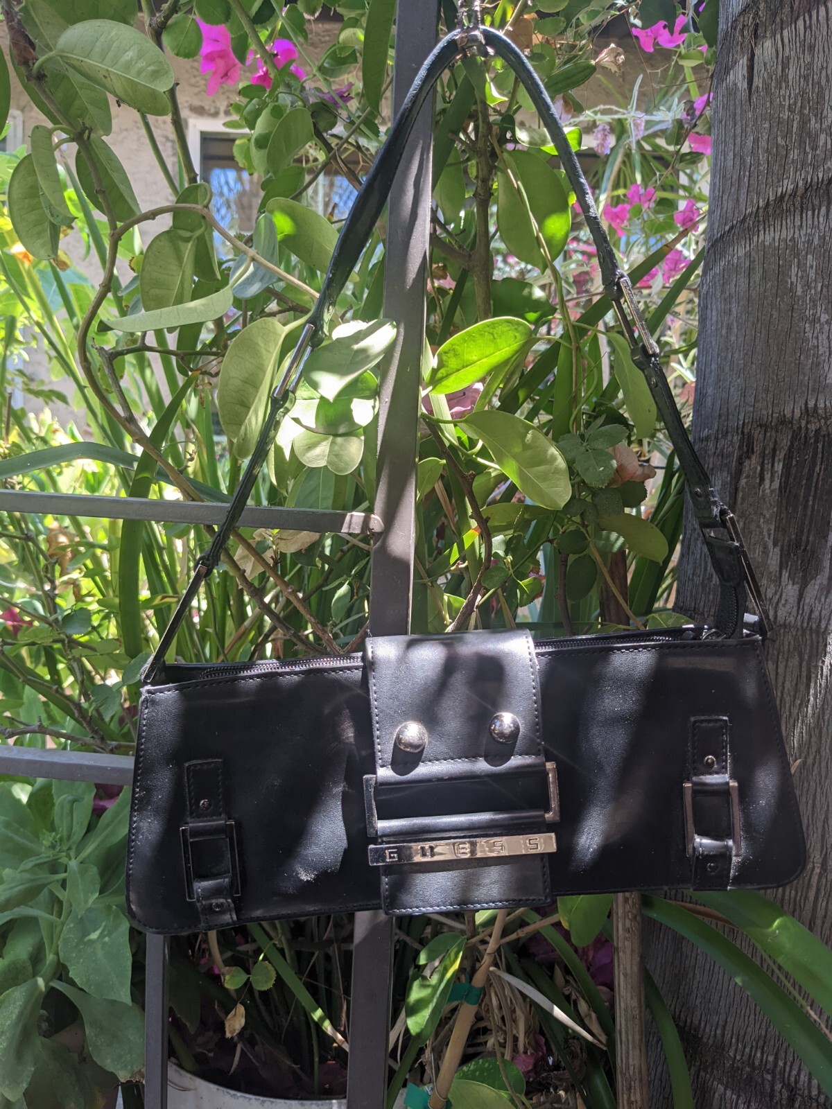Guess Black Faux Patent Leather Shoulder Purse Bag Gem