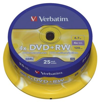 Verbatim 43489 DVD+RW - 4.7GB/120Min, 4-fach/Spindel, Packung mit 25 Stück