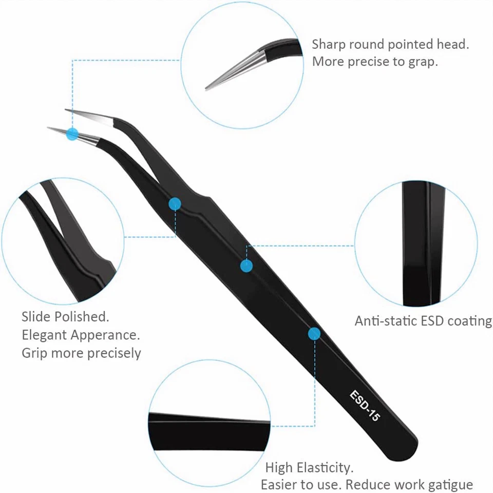 Juego de herramientas de 10 pinzas de acero inoxidable de reparación antiestática ESD de precisión Foto 4 de 4