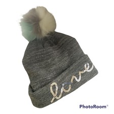 Justice Girls Pom Pom Winter Hat One Size Grey LOVE sequin Graphic Warm