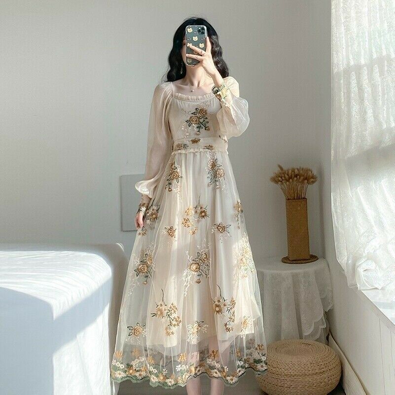 Ladies Embroidery Floral Mesh Dress Puff Sleeve Ruffle Retro
