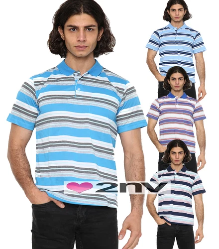 Mens Short Sleeve Polo Shirt Collared Stripe Casual Pique Summer Cotton T-Shirt.