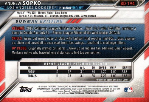 2016 Bowman Draft #BD-194 - Andrew Sopko - Los Angeles Dodgers 16-287 - Picture 2 of 2