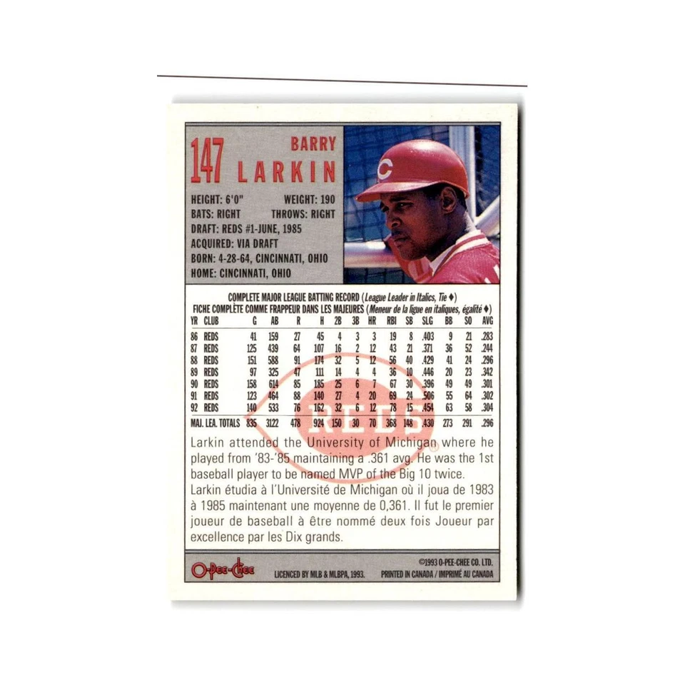 Barry Larkin 1993 O-Pee-Chee #147 Cincinnati Reds Baseball Card NM - Image 2 of 3