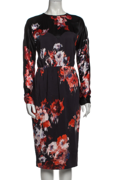 MSGM Black & Red Floral Print Long Sleeve Dress, Size 6 (US) 42 (IT) NWT! $545