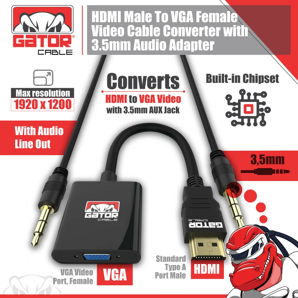 HDMI to VGA Adapter Video Audio with AUX 3.5mm Connector Cable Converter 1080P - Image 3 of 4