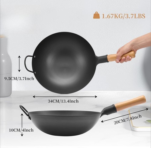 Iron skillet, 13.38'' round-bottomed wok with wooden handle (lid not included) - Picture 3 of 8