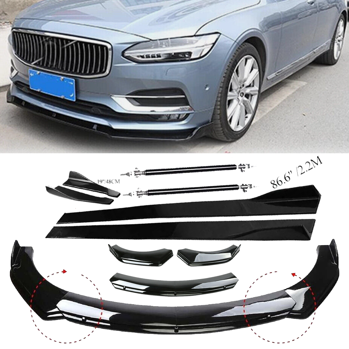 For Volvo S40 S70 S80 S90 Front Bumper Lip Spoiler Splitter Body Kit+Side Skirt