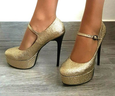 Donna Decoltè Party Pumps con Cinturino Tacco 14 Nero Plateau GLITTER ORO  -37- | eBay